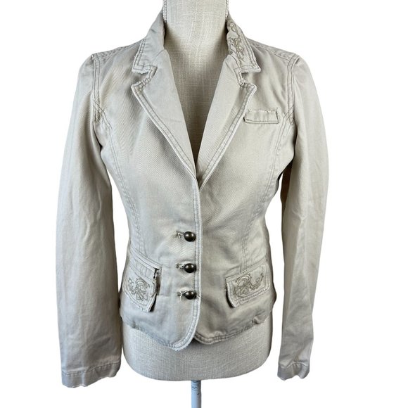 Aeropostale Cotton Embroidered Blazer Jacket Womens S Tan Cream 3 Button Pockets - Picture 1 of 13